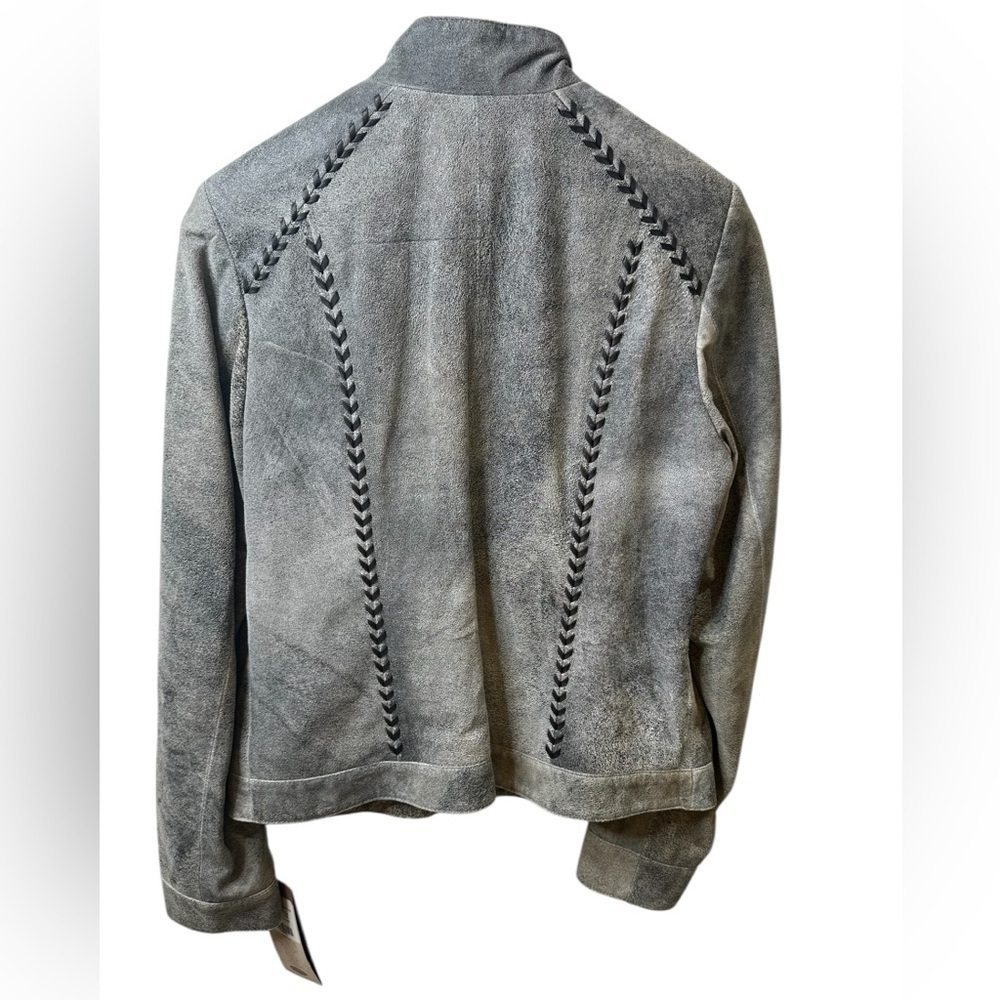 Gray Suede Leather Motorcycle Jacket With Quilted Details — image 3 of 8